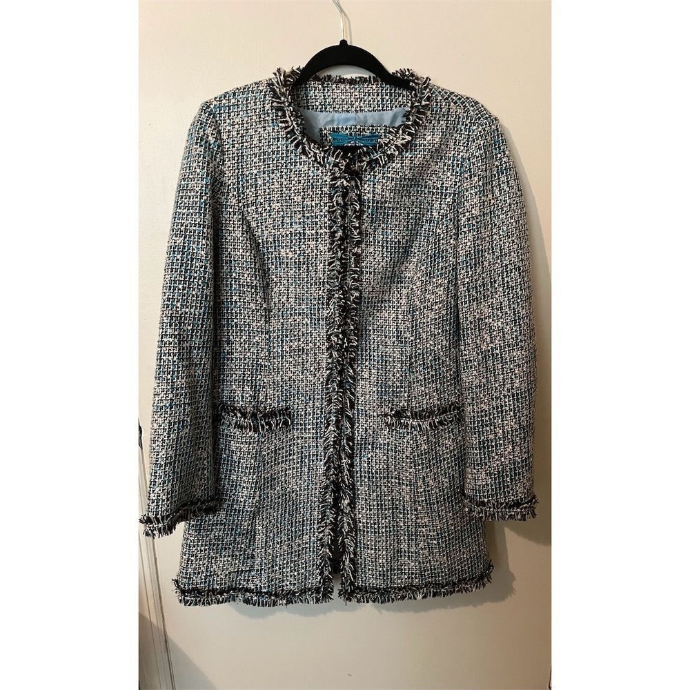 Tyler Boe Women's Blue Tweed Open Front Jacket Collarless Coat Medium